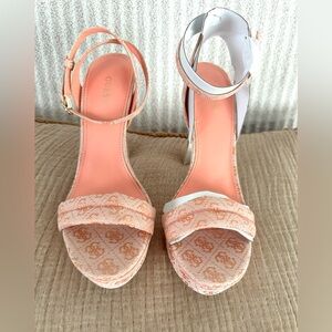 Guess Coral Pink Logo Platform Stiletto Heels Y2K Glam Sandals Sz 9M